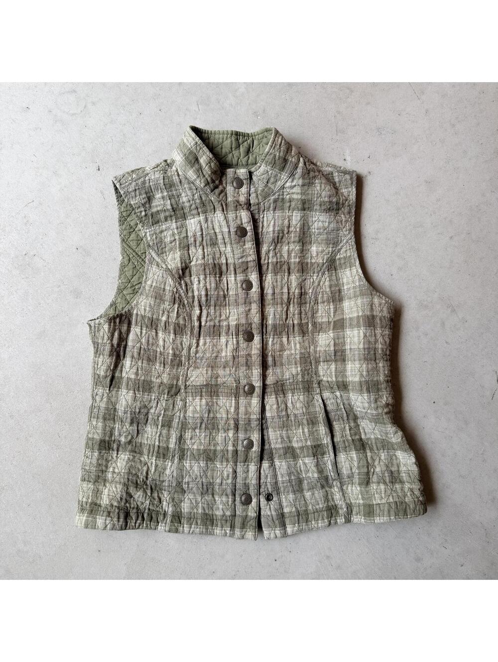 Green Plaid Reversible Quilted Vest with Snap Button Closure